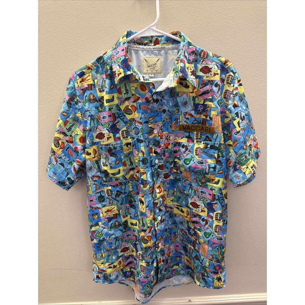 Vaccari Button Up Shirt Mens Small Multicolor Loteria Pattern Short Sleeve RARE